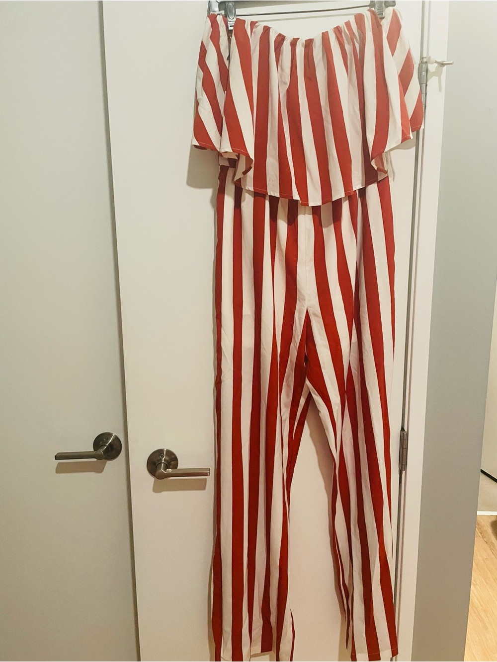 Off-Shoulder brown & White Striped Jumpsuit